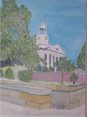 a watercolor of a white courthouse against a blue sky 