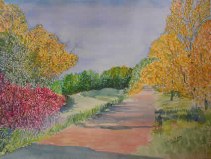 An impressionistic watercolor of a bicycle trail through a country field.